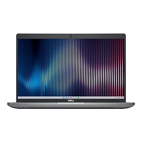 Grauer Laptop mit einem Bildschirm, der einen blauen und rosa Farbverlauf zeigt. Das Dell-Logo ist sichtbar.