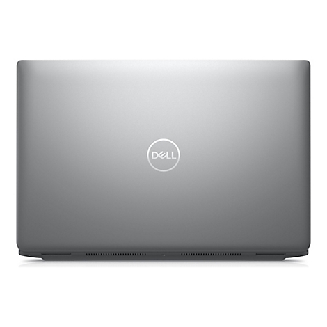 Grauer Laptop-Deckel mit rundem Dell-Logo mittig. Die Oberfläche ist glatt, die Ecken abgerundet.