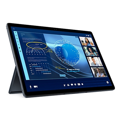 Ein Tablet mit Videokonferenz-Anzeige, blauem Bildschirm mit Diagrammen, das auf einem StÃ¤nder steht.