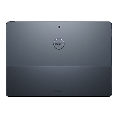 RÃ¼ckseite eines grauen Dell Latitude Tablets. Oben links befindet sich ein Kameramodul, darunter das Dell-Logo. Unten steht Latitude.