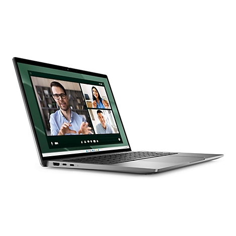 Graues Notebook mit Videokonferenz, zeigt drei Personen. Bildschirm ist grÃ¼n umrandet, im Hintergrund weiÃŸ.