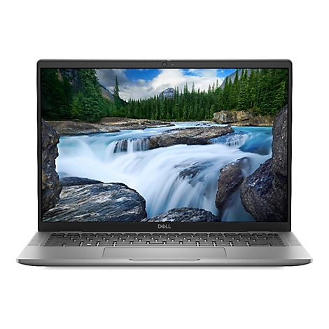 Silberner Laptop mit Landschaftsbild auf dem Bildschirm.