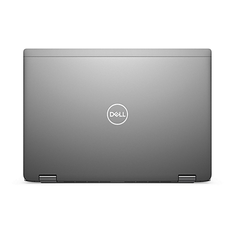 Geschlossenes graues Dell Laptop. In der Mitte das Dell Logo in einem weiÃŸen Kreis. Auf weiÃŸem Hintergrund.