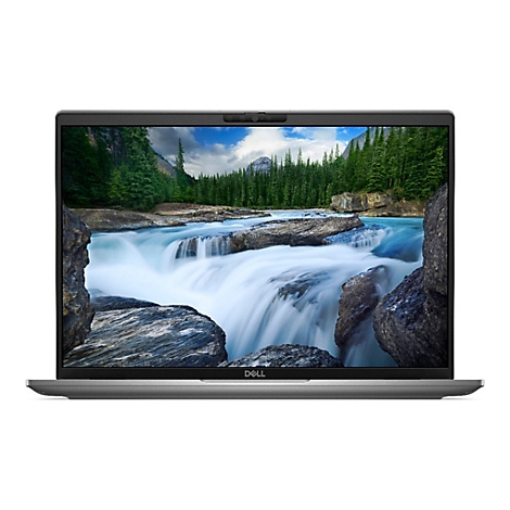 Ein grauer Laptop, der ein Naturbild zeigt. Im Display ist ein Wasserfall in einer bergigen Landschaft zu sehen.