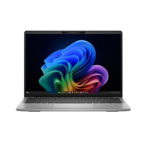Grauer Laptop, geÃ¶ffnet, Bildschirm mit farbenfroher abstrakter Grafik. Tastatur und Webcam sichtbar.