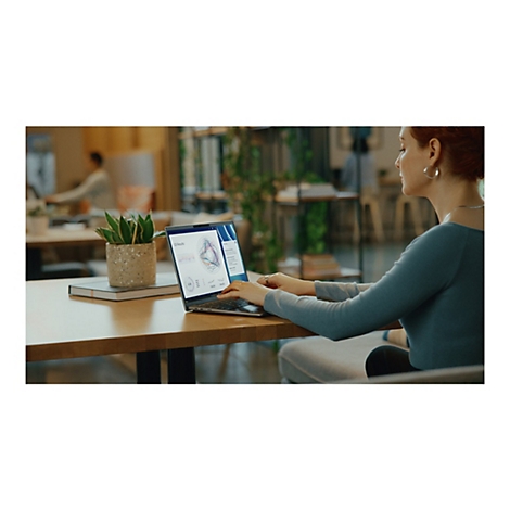 Eine Frau mit rotem Haar sitzt an einem Tisch und arbeitet an einem Laptop. Auf dem Laptop ist eine Grafik dargestellt. Auf dem Tisch stehen eine Pflanze und ein Buch.