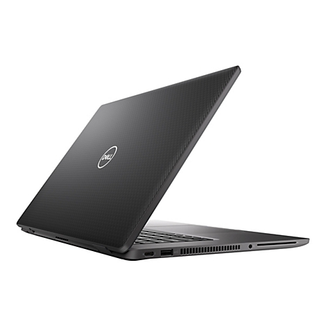 Schwarzes Dell-Laptop, leicht geöffnet, diagonale Ansicht, weißer Hintergrund. Auf dem Deckel befindet sich das Dell-Logo.