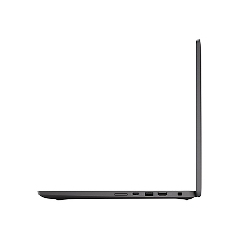 Grauer Laptop im Profil, auf weißem Hintergrund. Die Seitenansicht zeigt Anschlüsse wie USB und HDMI.