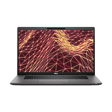 Dunkelgrauer Laptop mit schwarzem Bildschirm, auf dem ein gelb-rotes abstraktes Muster dargestellt ist. Dell-Logo unten.