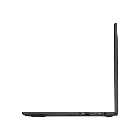 Schwarzes Laptop, Seitenansicht. AnschlÃ¼sse sichtbar. GerÃ¤t geÃ¶ffnet.