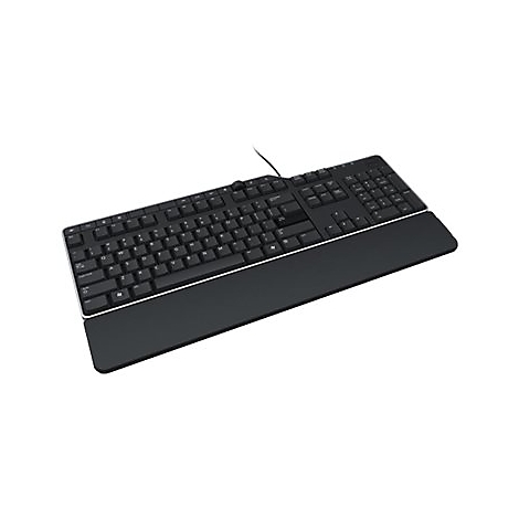 Schwarze Computertastatur mit Handauflage, Drahtanschluss. Tasten mit weißer Schrift.