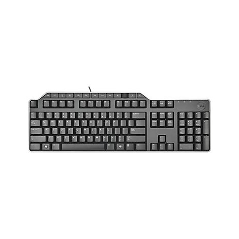 Graue Dell-Tastatur mit schwarzen Tasten auf weißem Hintergrund.