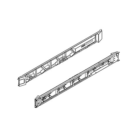 Zwei längliche, metallische Konstruktionen in Schwarz-Weiß-Darstellung. Details wie Aussparungen, Schrauben und Beschriftungen sind erkennbar.