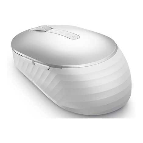 Ein kabellose, ergonomische Maus in Weiß. Das Scrollrad und die Tasten sind silberfarben.