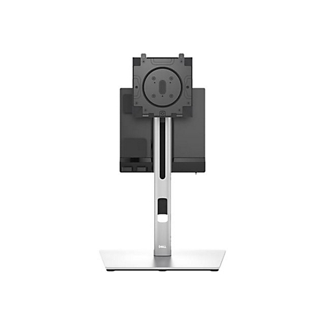 Rückansicht eines silberfarbenen Monitorständer. Das Dell-Logo ist am Fuß sichtbar.