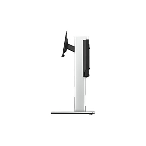 Ein weißer Monitorständer, von der Seite. Schwarze Halterung für den Monitor, schwarze Halterung am Ständer.