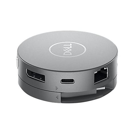Adaptateur Dell rond et gris avec ports HDMI, USB-C et Ethernet, logo Dell visible.