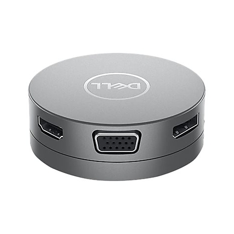 Station d'accueil Dell grise, ronde, avec connexions HDMI, VGA et USB.
