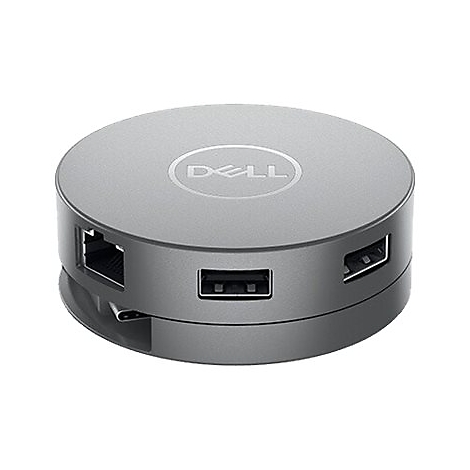 Hub USB Dell gris avec plusieurs ports, dont USB, ethernet et USB-C.