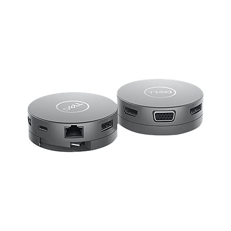 Deux hubs Dell gris avec différents ports. Le logo Dell est visible sur le dessus.