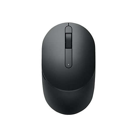 Schwarze Computermaus, Draufsicht. Auf der Oberseite ein Scrollrad und eine kleine LED.