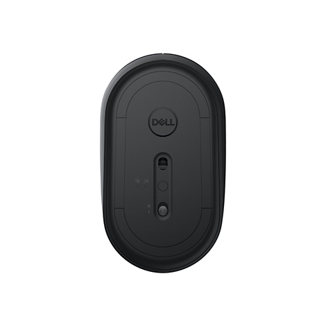 Draufsicht auf eine schwarze Dell-Maus. Auf der Unterseite ist das Dell-Logo zu sehen, sowie Tasten und Schalter.