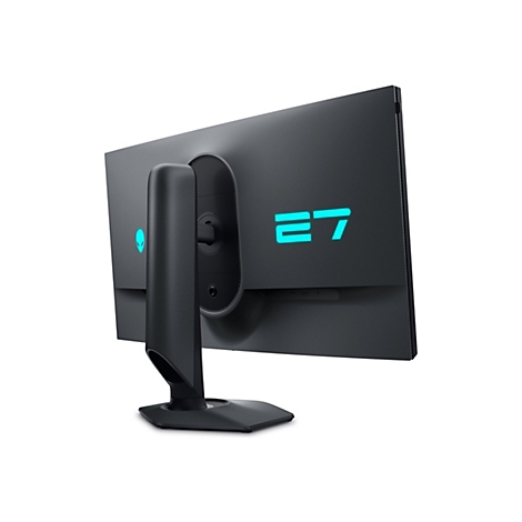 Moniteur Alienware 27 noir, vue arrière. Le chiffre "27" brille en turquoise à l'arrière.