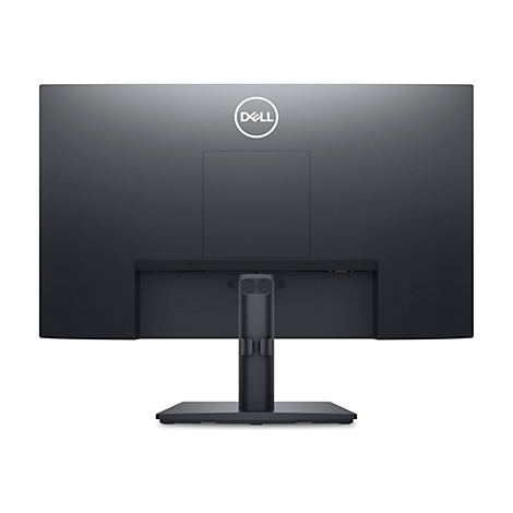 Vue arrière d'un moniteur Dell noir, avec logo. Le pied du moniteur est sur une surface grise.
