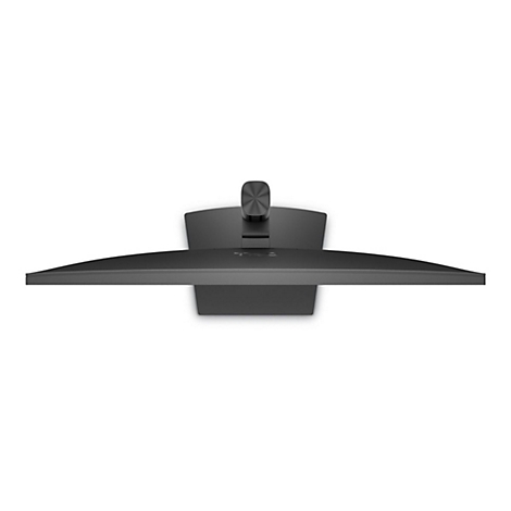 Vue de dessus d'un moniteur noir avec un écran incurvé sur fond blanc.
