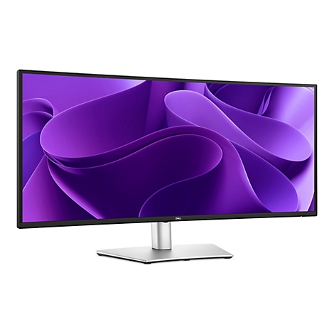Un moniteur Dell. L'écran affiche un graphisme abstrait violet. Le moniteur repose sur un support argenté, lui-même posé sur une surface blanche.