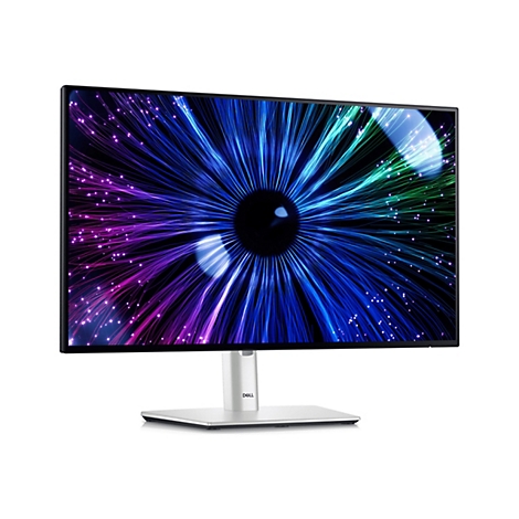 Ein Dell-Monitor mit einem farbenfrohen, abstrakt-futuristischen Hintergrund, der an ein Auge erinnert. Der silberne Standfuß trägt den Dell-Schriftzug.
