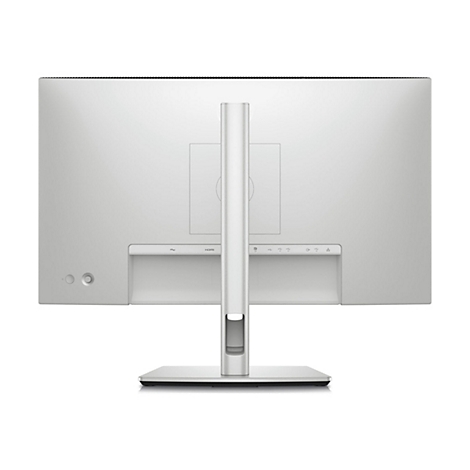 Rückseite eines hellgrauen Monitors. Anschlüsse und Halterung sind zu sehen.