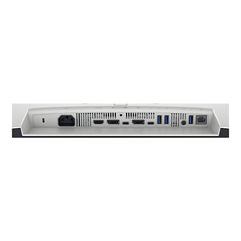 Rückseite eines Monitors. Anschlüsse für Strom, HDMI, USB und Netzwerk.
