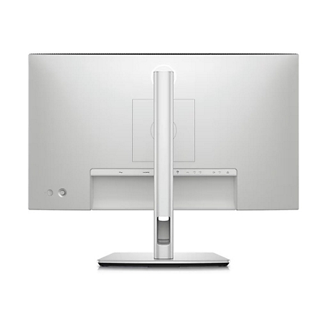 Rückseite eines hellgrauen Monitors mit Standfuß. Anschlüsse und Knöpfe sind sichtbar.