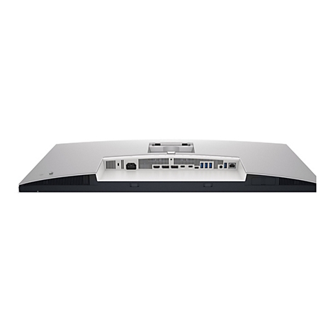 Rückseite eines silbernen Monitors mit Anschlüssen, u.a. für Strom, HDMI und USB.