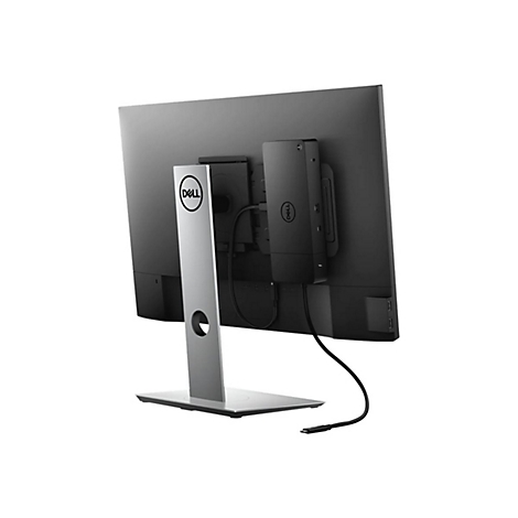 Rückansicht eines Dell-Monitors mit Dockingstation. Der Monitor ist schwarz, mit silbernem Ständer und Dell-Logo. Eine Dockingstation ist hinten angebracht.
