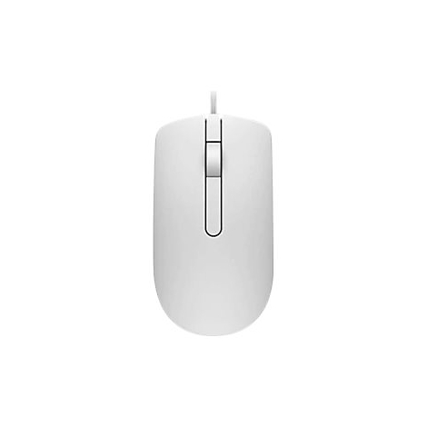 Draufsicht auf eine weiÃŸe Computermaus mit Kabel.