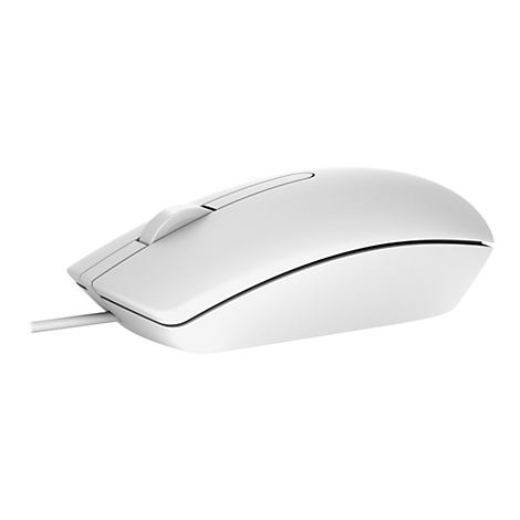 Weisse Computermaus, seitlich mit Kabelanschluss und Scrollrad.