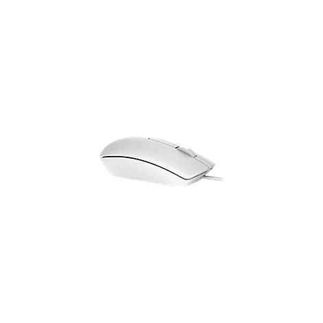 Weisse Computermaus mit Kabel, von der Seite gesehen.