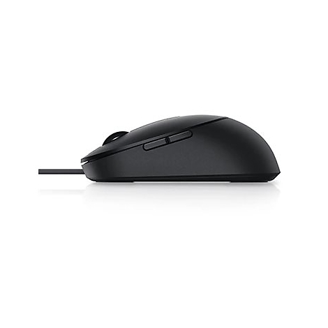 Schwarze Computermaus, Seitenansicht. Ein Kabel ist links sichtbar.