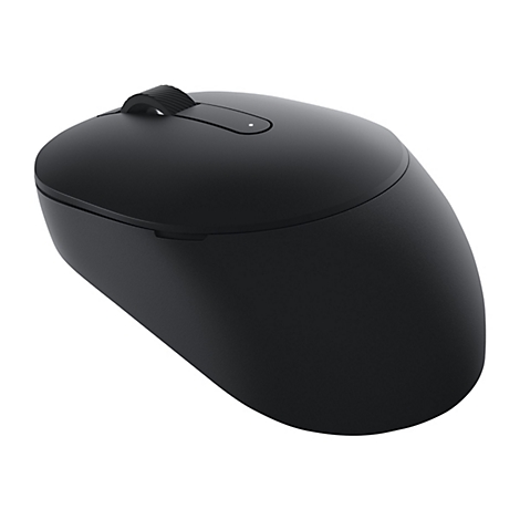 Gros plan d'une souris d'ordinateur sans fil noire. Une molette de dÃ©filement et un bouton sont visibles sur le dessus.
