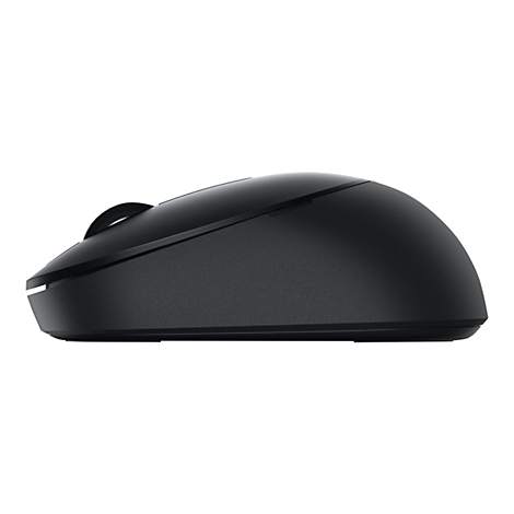 Profil d'une souris d'ordinateur noire. La molette et les boutons de la souris sont clairement visibles. Le fond est blanc.