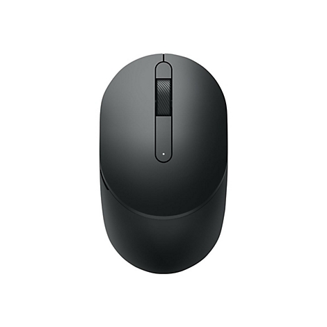 Vue de dessus d'une souris noire. Elle possÃ¨de une molette de dÃ©filement, une petite LED et deux boutons.