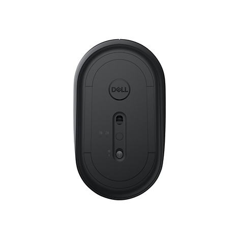 Souris Dell sombre vue de dessous. Logo et fonctions clairement visibles.