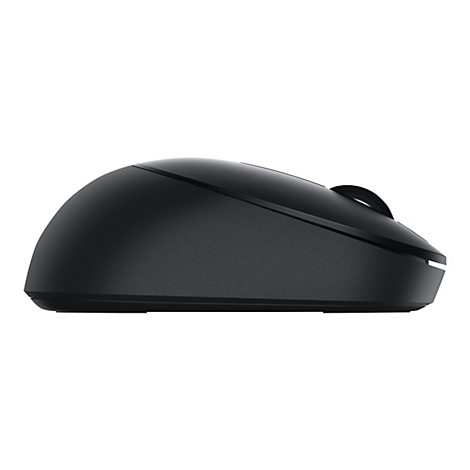 Vue de profil d'une souris d'ordinateur noire sur fond blanc. Molette de dÃ©filement visible.