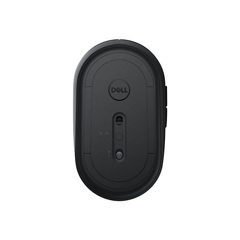Schwarze Computermaus mit DELL-Logo. Auf der Unterseite befinden sich Bedienelemente.