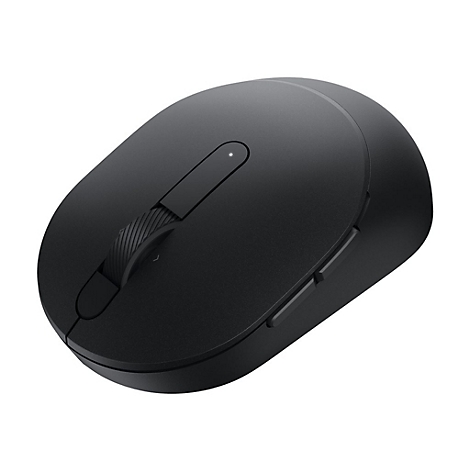 Schwarze, kabellose Computermaus mit Scrollrad und zwei Seitentasten. Oben befindet sich eine kleine LED.