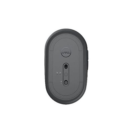 Draufsicht auf eine graue Dell-Maus, Unterseite. Sichtbar sind das Dell-Logo, Schalter und Sensoren.