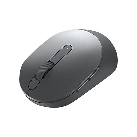 Drahtlose Computermaus in Grau. Sichtbar sind Scrollrad, Tasten und eine LED-Anzeige.