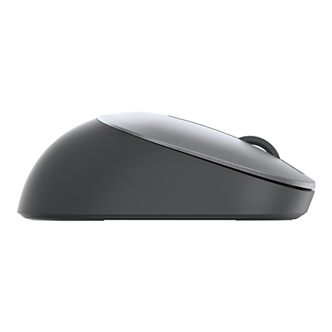 Vue latÃ©rale d'une souris d'ordinateur grise. La molette et le dessus sont gris argentÃ©, le reste est gris foncÃ©.